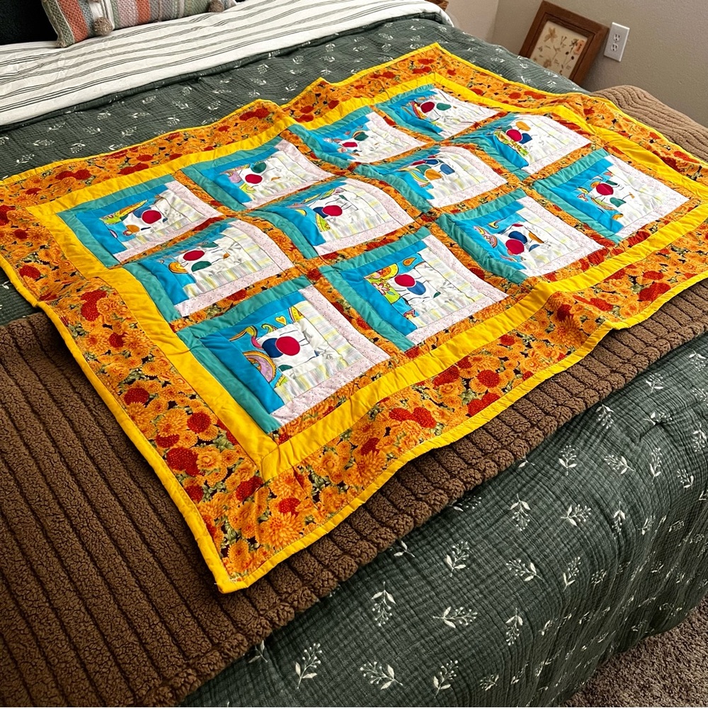 Vintage Baby Quilt Blanket Floral Colorful Handmade Crib Blanket 46" x 37"